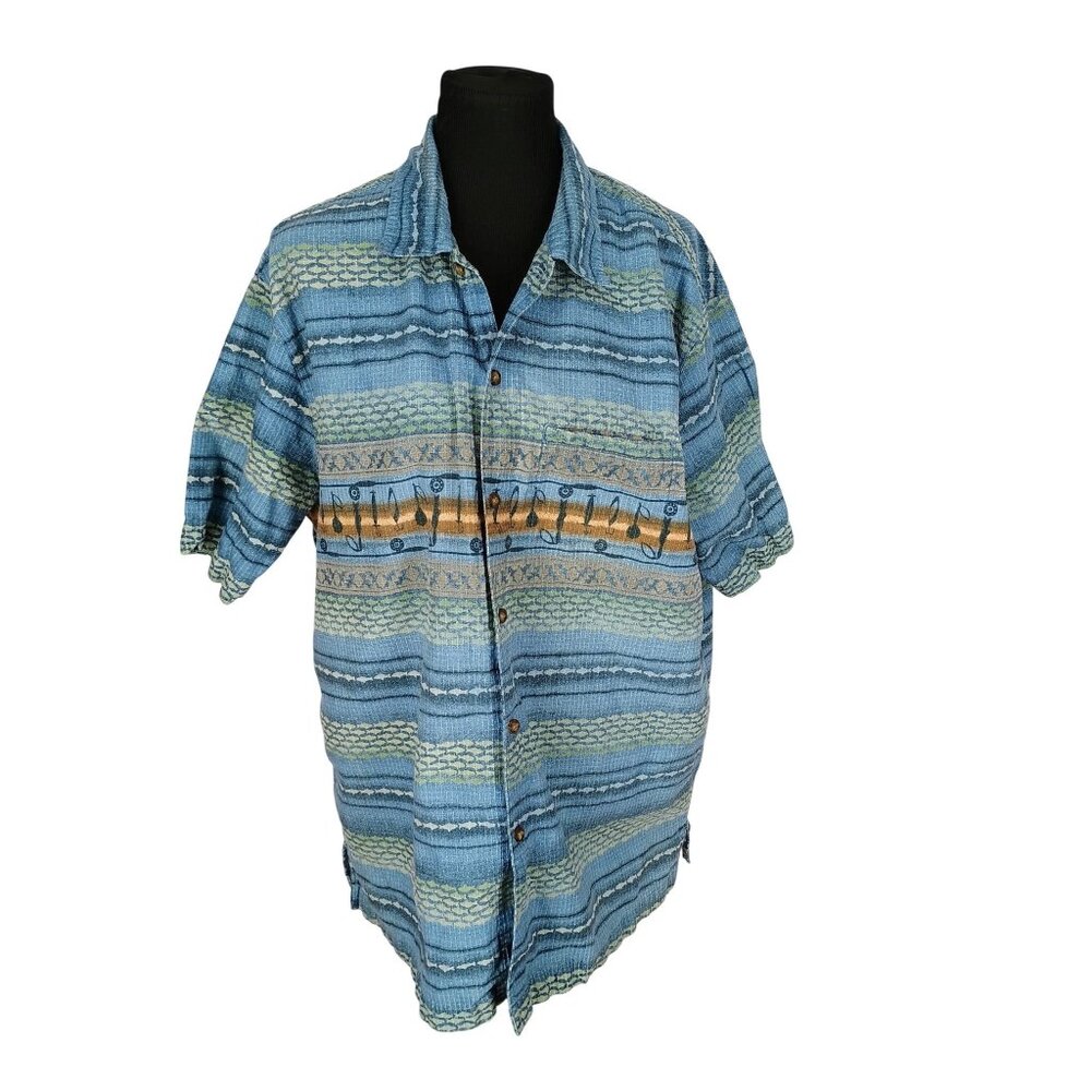 Vintage Woolrich Shirt Mens XL Blue Gold Fishing Fish Button Up Short Sleeve Top